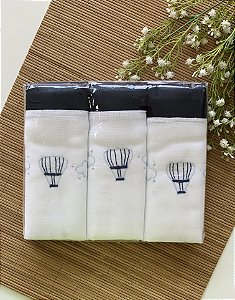 Kit Fralda Luxo 3 Peças Bordada Balão Marinho