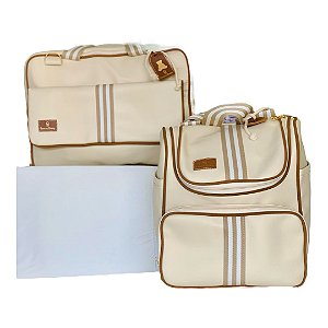 Kit Bolsa Maternidade Luxo Bege com acabamento Marrom e Mochila