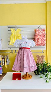 Vestido Infantil Artesanal Bordado a mão Branco com Vermelho