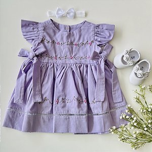 Vestido Infantil Artesanal Bordado a mão Lilás