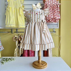 Vestido Infantil Artesanal Bordado a mão Listras Mocha Mouse