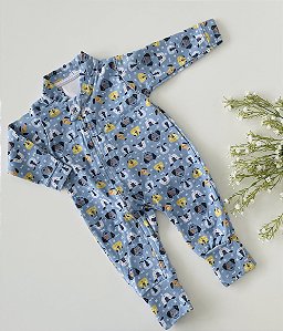 Macacão Bebê Zíper Manga Longa - Estampa Doguinhos Azul | Cotton Premium