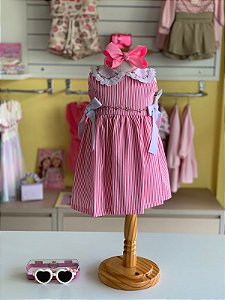 Vestido Infantil Artesanal Bordado a mão Rosa Listras Golinha
