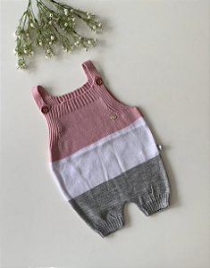 Romper de Tricô Listras Rose Branco e Cinza