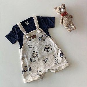 Conjunto Camiseta e Jardineira Marinho com Café Divertto
