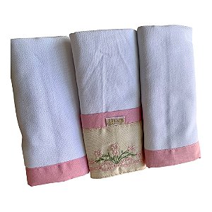 Kit Cueiro Flanela Bordada Linho de Amor Julia Rosa