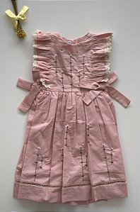 Vestido Infantil Artesanal Bordado a mão Rose Borboletas