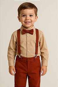 Conjunto Social Infantil Bege com terracota  Longo no Linho Pagem