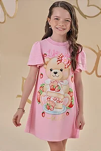 Vestido em Malha Ursa Morango Rosa Infanti