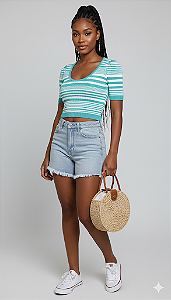 Cropped Tricô Listrado Azul-Turquesa Feminino