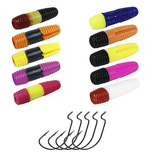 Kit Isca Artificial Soft 10 Charutinho + 5 Anzol Offset 5/0