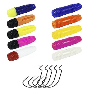 Kit Isca Artificial 10 Charutinho + 5 Anzol Offset 5/0