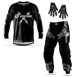 Conjunto Calça Camisa e Luva Motocross Adstore Black