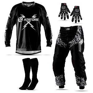 Conjunto Calça Camisa Luva e Meião Motocross Adstore Black