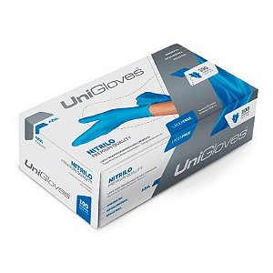 Luva nitrílica descartável sem pó Blue - Unigloves Premium - Caixa com 100 unidades