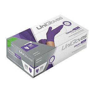 Luva látex descartável com pó Purple - Unigloves Classic - Caixa com 100 unidades