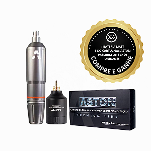 Kit máquina de tatuagem Aston pen Folon + Fonte Portátil Mast + Cartuchos Aston Premium Line - Caixa com 20 unid.