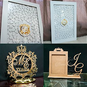 Kit 15 Anos ou Casamentos Premium! 1 Quadro de Assinaturas Branco+ 1 Topo de Bolo Espelhado Dourado+ 1 Porta Retrato Branco personalizado