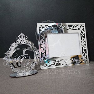 1 Topo de Bolo Acrílico Espelhado Prata 14 cm + 1 Porta Retrato em Acrílico Espelhado Prata