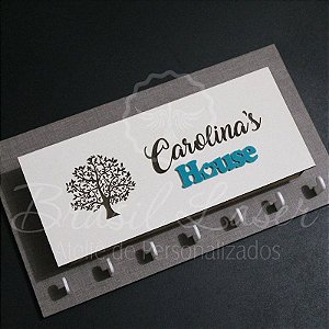 Porta Chaves com Porta Carta para Parede Personalizado (Fundo Mdf Cinza com detalhe em Acrílico Azul Tiffany)