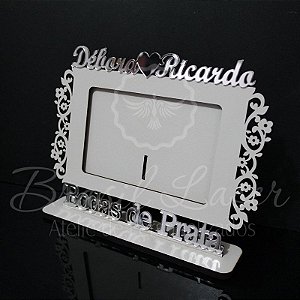 Porta Retrato Bodas de Prata, Branco com Acrílico Espelhado foto 10cmx15cm Personalizado no nome do Casal