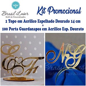 Kit Gold! 1 Topo de Bolo Acrilico Espelhado dourado 14 cm + 100 Porta Guardanapos em Acrílico Espelhado Dourado