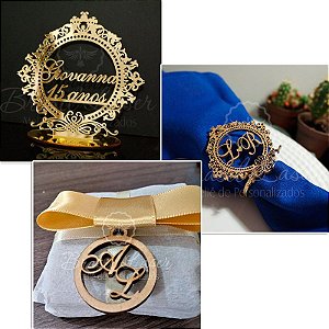 1 Topo de Bolo Acrilico Espelhado Dourado 20 cm + 260 Porta Guardanapos + 260 Medalhinhas de Bem casado
