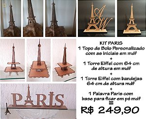 Kit Paris Com Bandeja Dupla Torre Eiffel, Topo De Bolo, Nome
