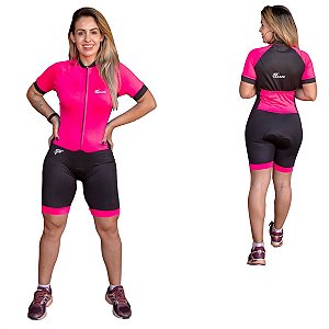 Macaquinho ciclismo bike manga curta feminino forro gel - Rosa Neon