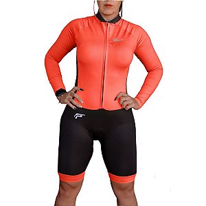 Macaquinho ciclismo bike manga Longa feminino forro gel - Laranja Neon