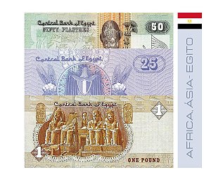 Lote 3 cédulas - Notas Estrangeiras 50, 25 piastras e 1 libra Egito - FE
