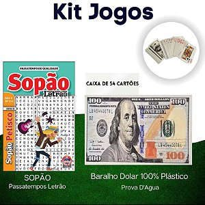 Kit Baralho de Plástico 54 Cartas Dolar e Passatempos Letrão