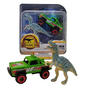 Kit Jurassic Era - Dinossauro Emborrachado Com Carrinho Metal Verde