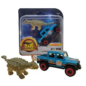 Kit Jurassic Era - Dinossauro Emborrachado Com Carrinho Metal Azul