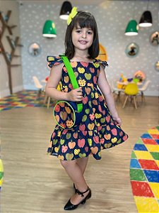 Vestido Infantil Maçãs Azul com bolsa