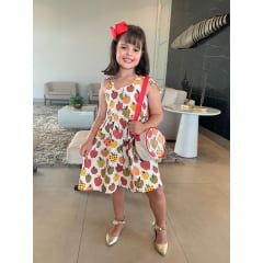 Vestido Infantil Maçãs Off White com Bolsa