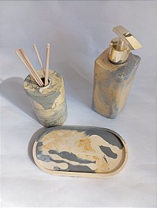 Kit BanheiroLavabo Cimento Porta Sabonete Líquido E Difusor Aromatizador Marmorizado