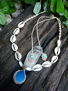 Choker Gargantilha com Concha Búzio e Pedra Natural