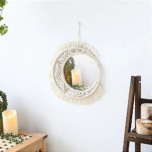 espelho de parede decorativo boho de macrame