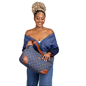 Bolsa Jeans Matelassada Tipo Canoa com Alça em Couro