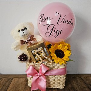 Bem-vindo com Girassol, chocolate e pelúcia
