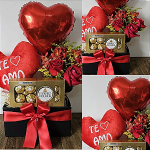 Box Rosas, coração pelúcia e chocolates