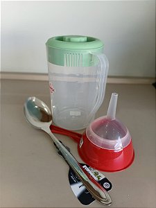 KIT JARRA, COLHER DE INOX E PENEIRA C/ FUNIL