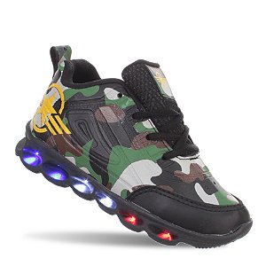 Tênis Led Luz Infantil Militar Camuflado Meninos Preto Verde