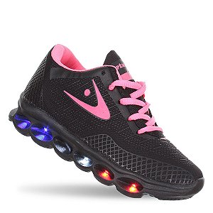 Tenis de Led Luz Pisca Preto Rosa Infantil Meninas Pemania