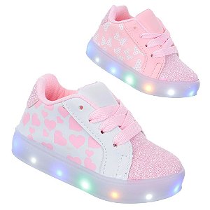 Tenis Led Luz Glitter Feminino infantil Branco ou Rosa PC026