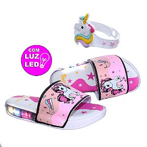 Chinelo Slide Feminino Rosa Com Luz Led Unicórnio Infantil