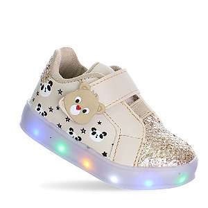 Tenis Calçado Infantil Menina Luzinha Led Ursinho Panda Nude