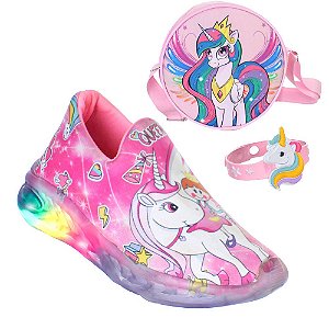 Kit Unicornio Tenis Calce Facil  Luzinha Pisca + Bolsa