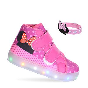 Tenis Botina De Led Luzinha Laço Com Pulseira Pink